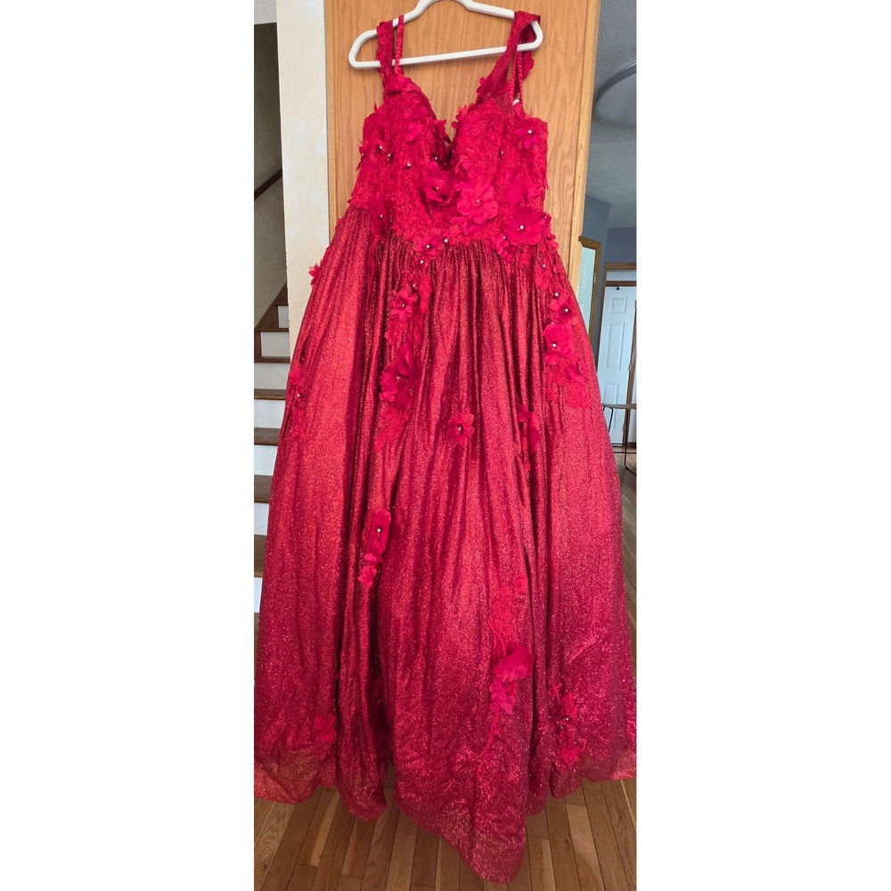 Layla K. Red Glitter Floral Applique Corset Ball Gown Prom Dress LK-161 Size 20